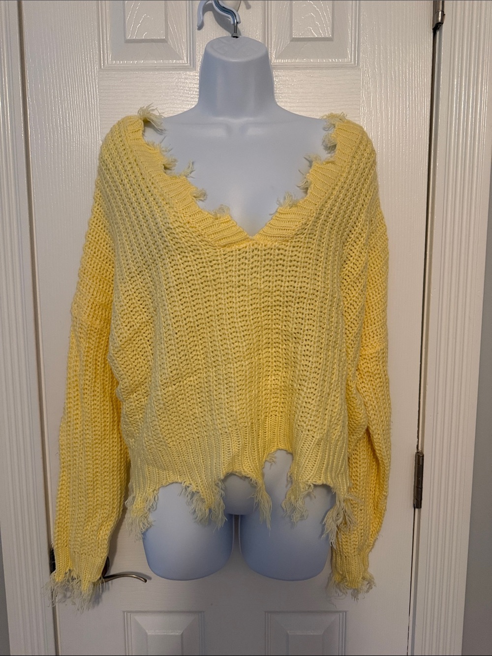 Miracle Yellow Distressed V-Neck Knit Sweater